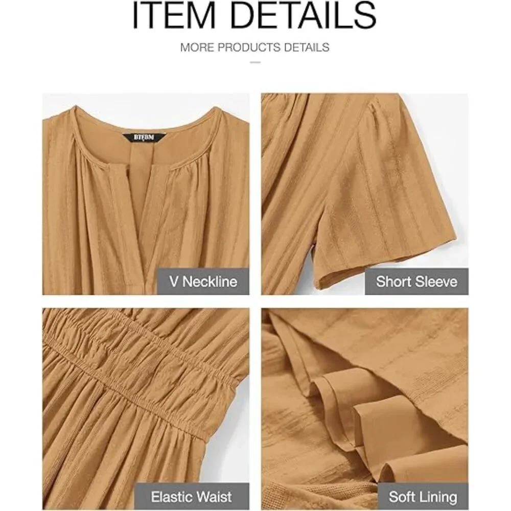 Women's Khaki V Neck Short Sleeve A Line Summer Casual Maxi Dress Pockets